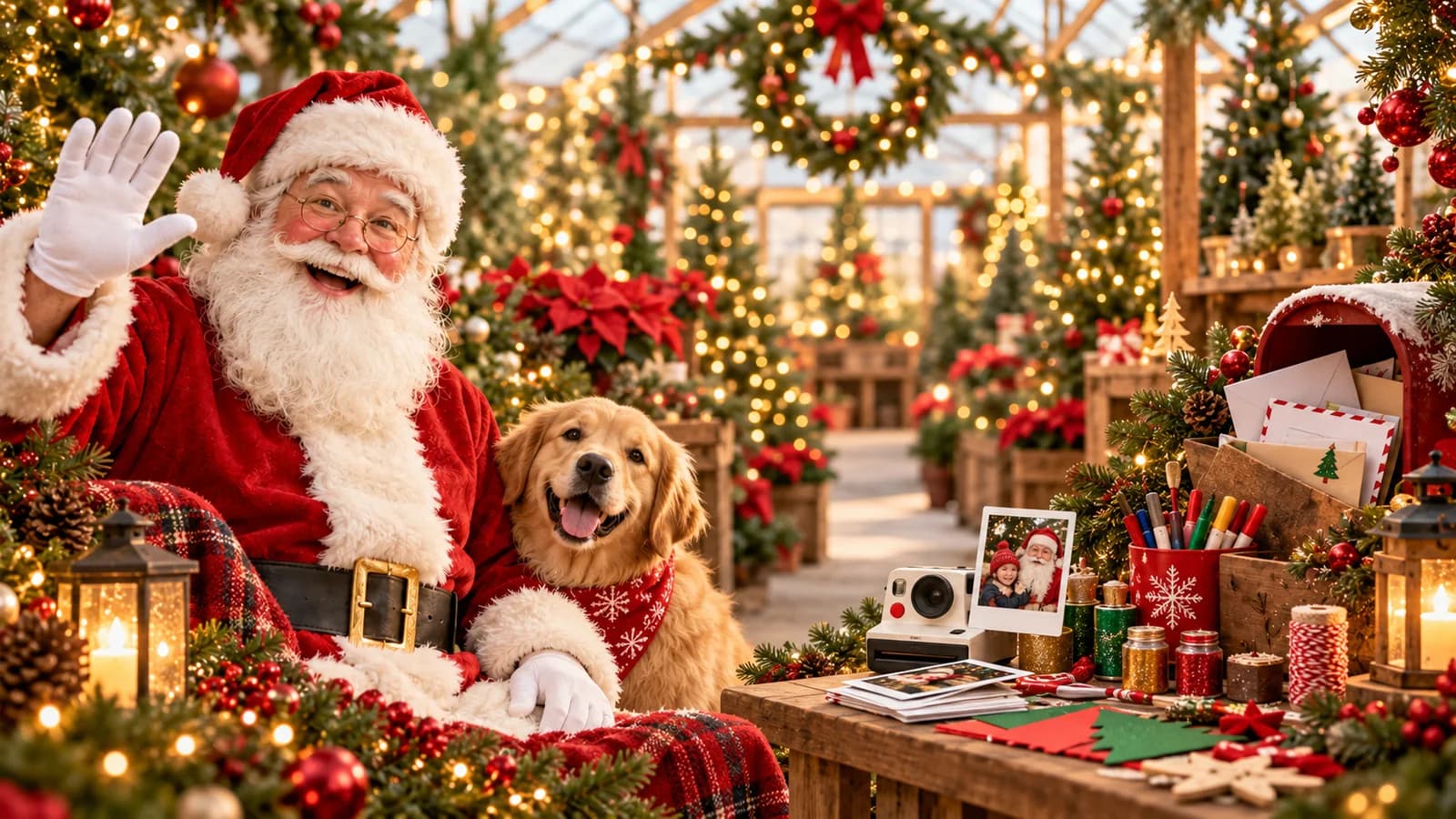 Santa waving in a warmly lit Christmas greenhouse decorated with evergreen garlands and ornaments.