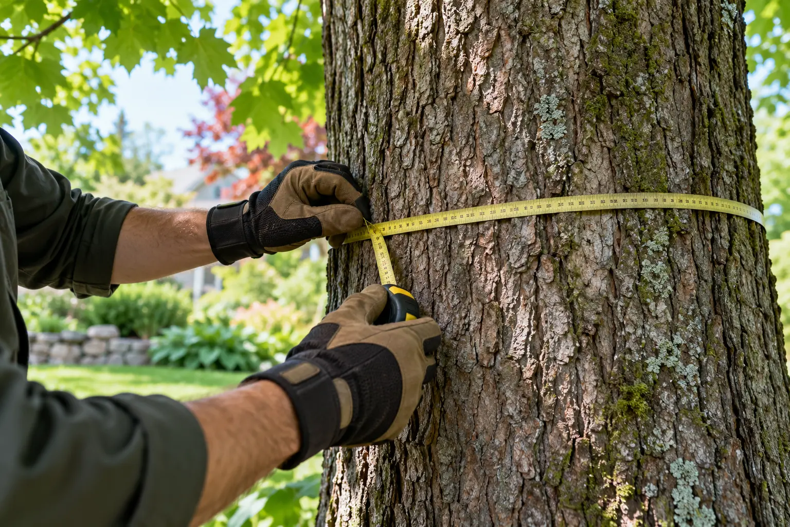 Illustration of a tree-care professional measuring a mature tree