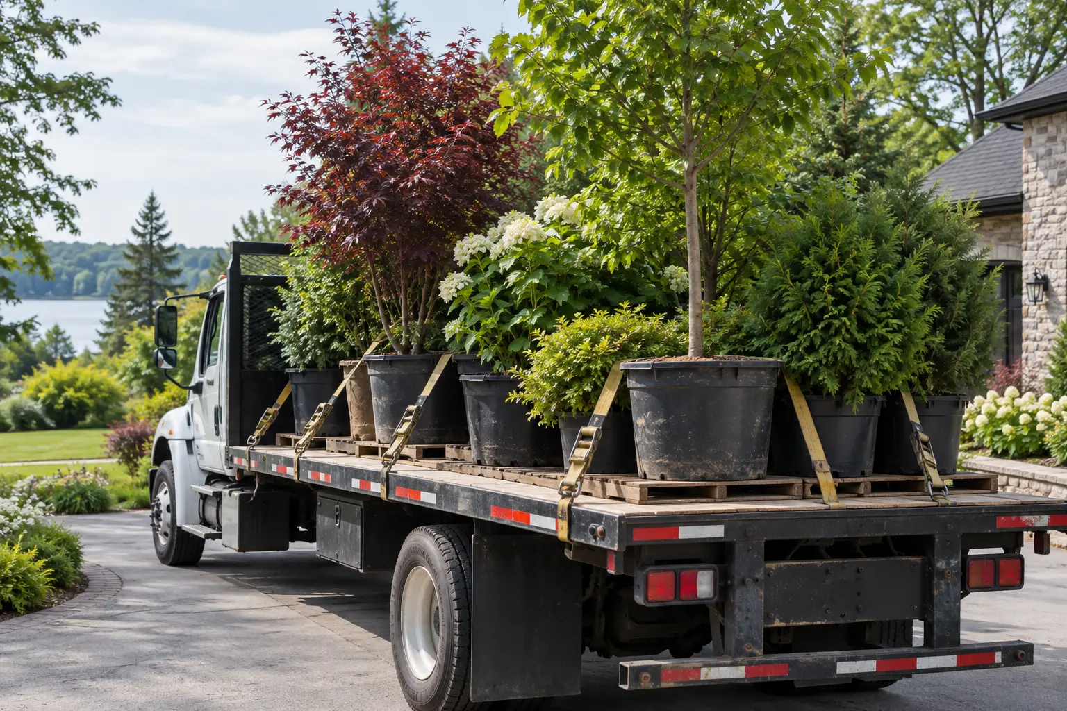 Illustration of nursery trees and shrubs secured for delivery