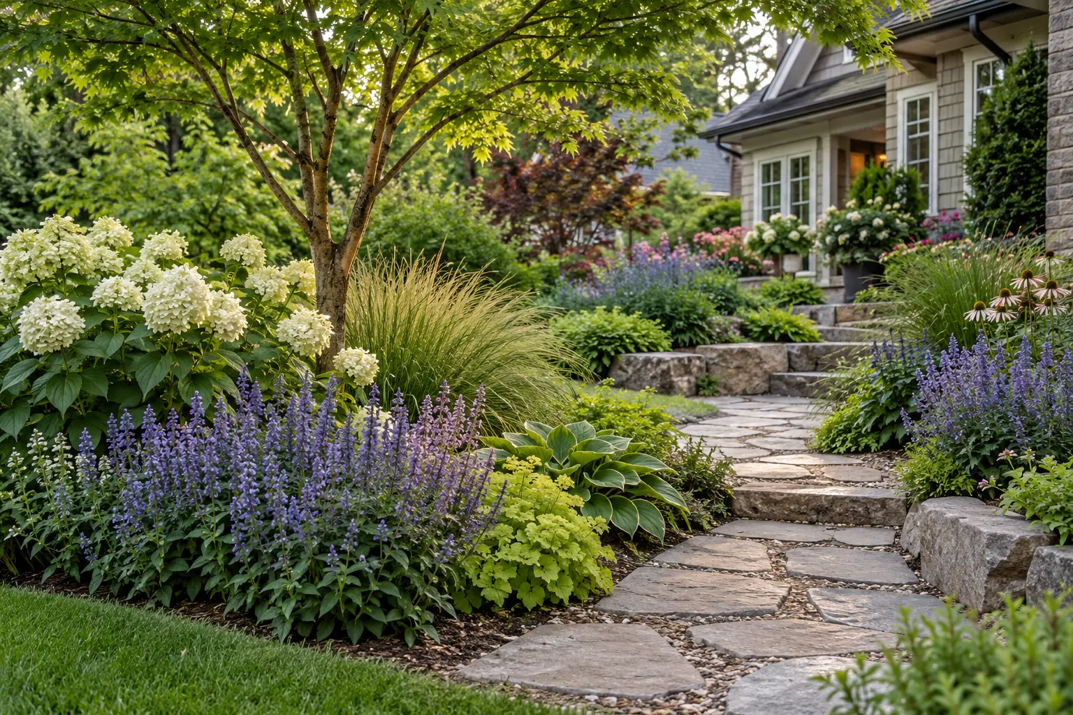 Illustration of a layered perennial garden and stone path
