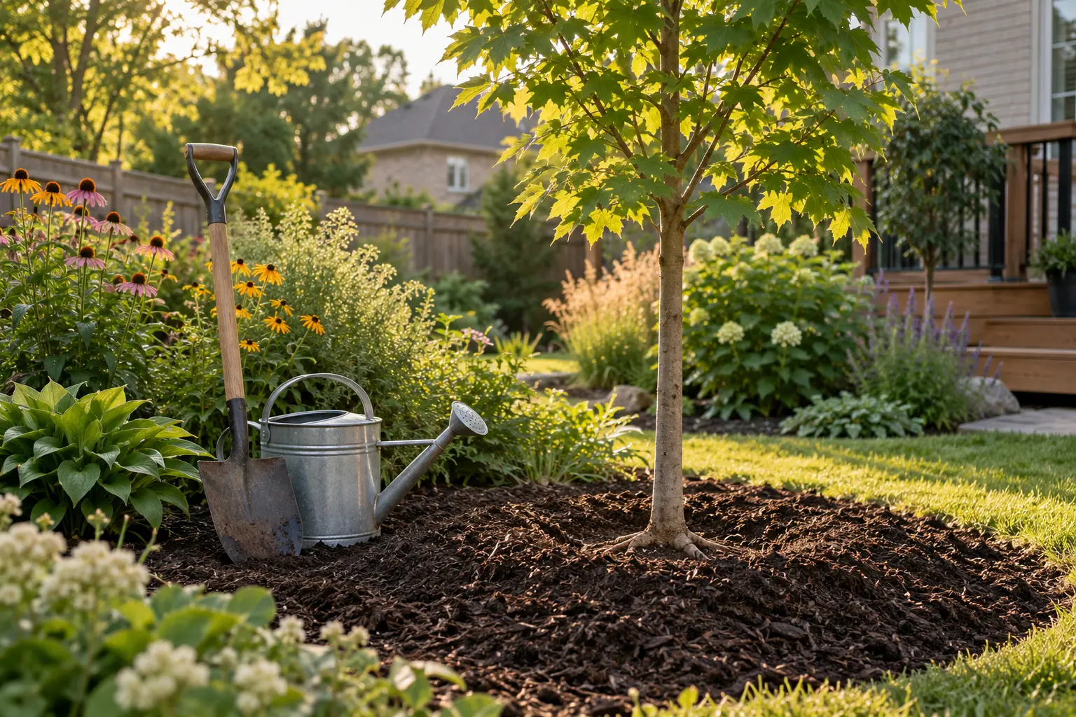 Illustration of a newly planted tree in a garden