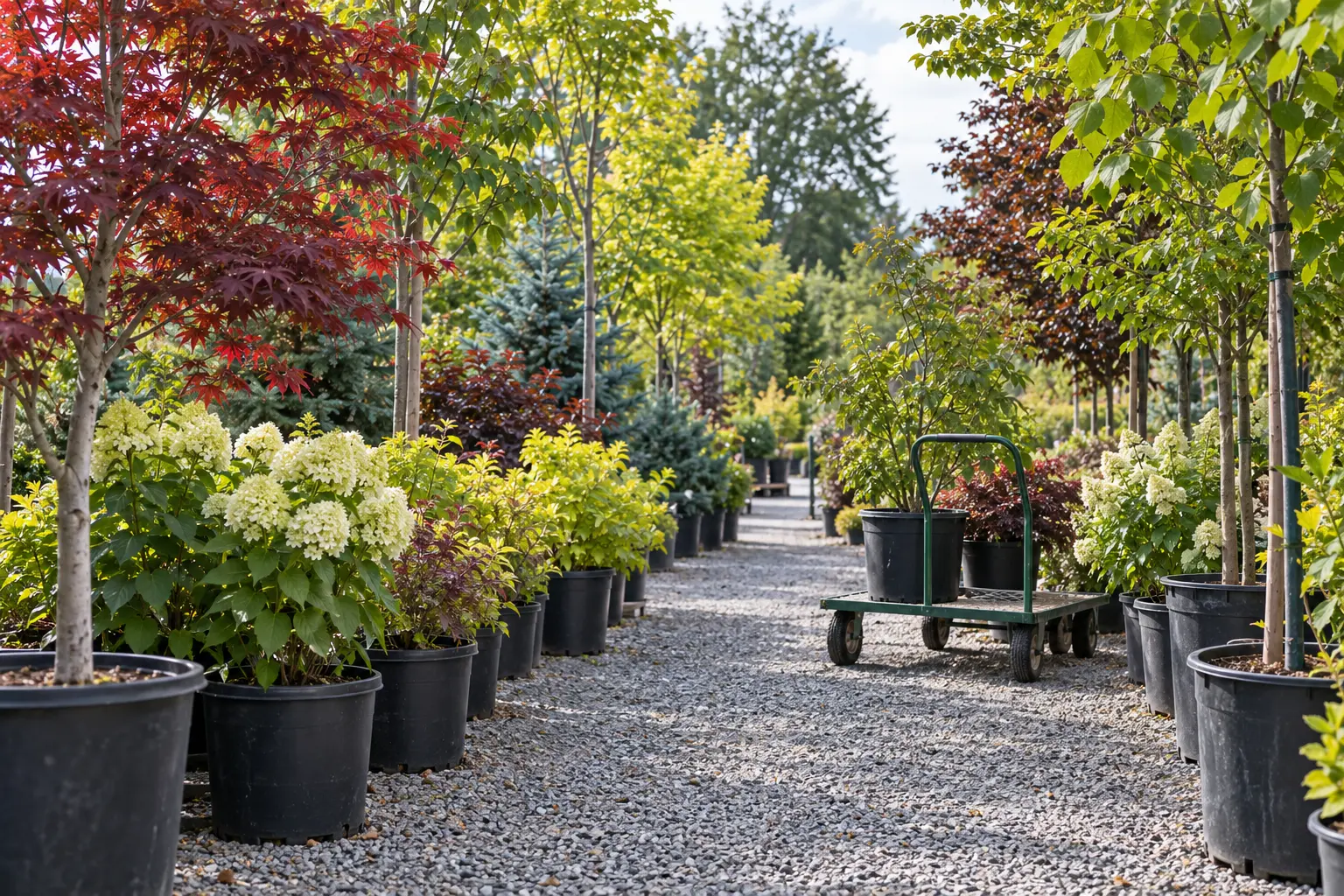 Illustration of a nursery stock yard for landscape contractors
